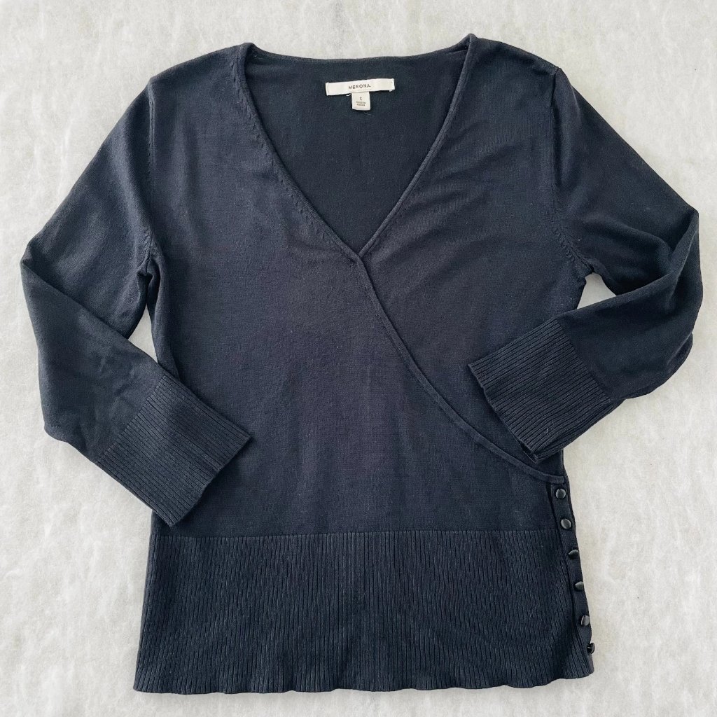 Vintage Y2k Merona Womens Black Detailing Wrap Style Ribbed Knit Sweater Size S